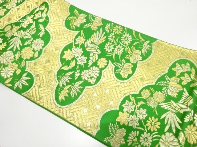 JAPANESE KIMONO / ANTIQUE FUKURO OBI / SILK / WOVEN BIRD & FLOWER